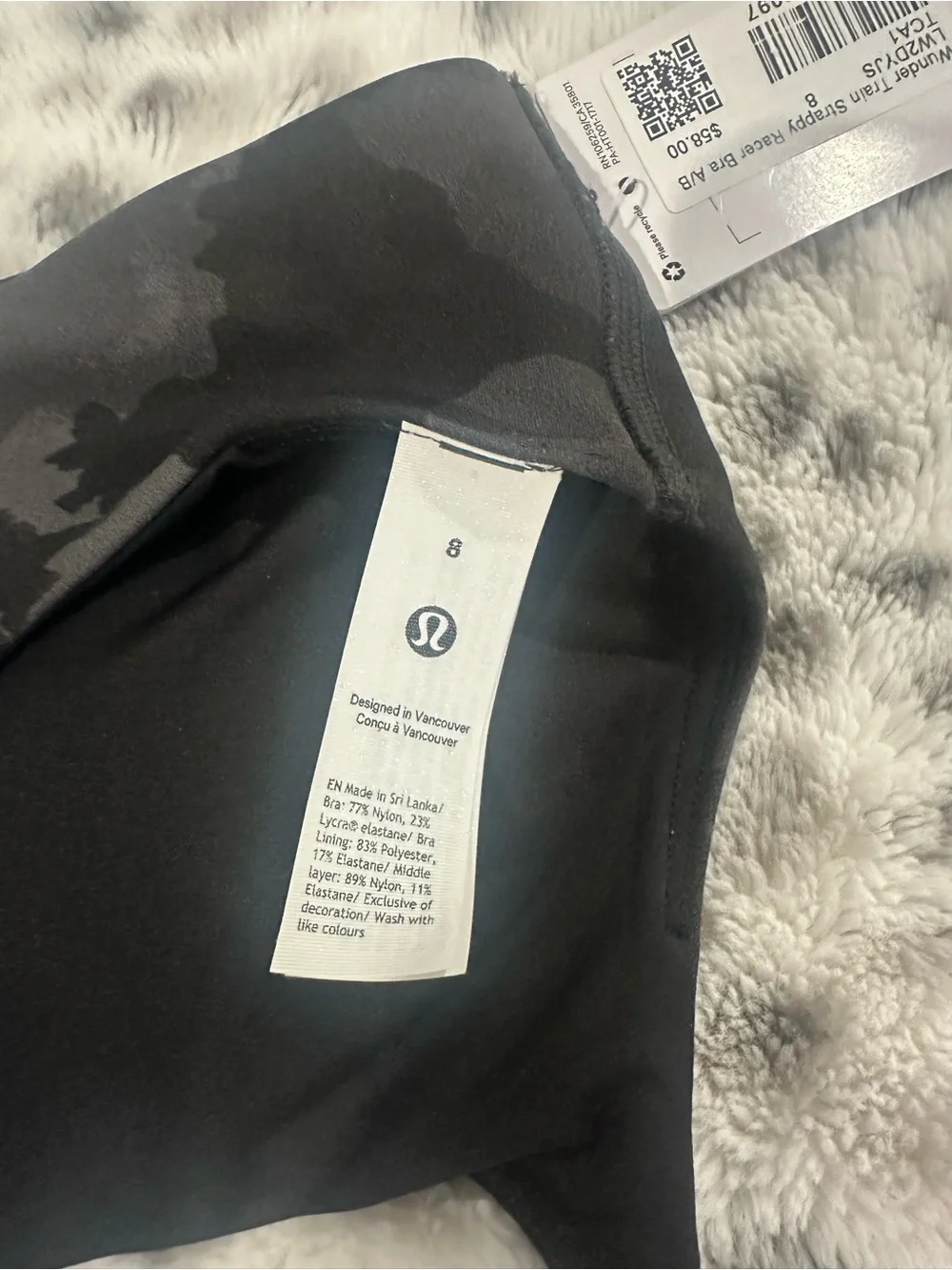 lululemon athletica Black Camo Sports Bra Wunder Train Strappy Racer Bra  NWT
